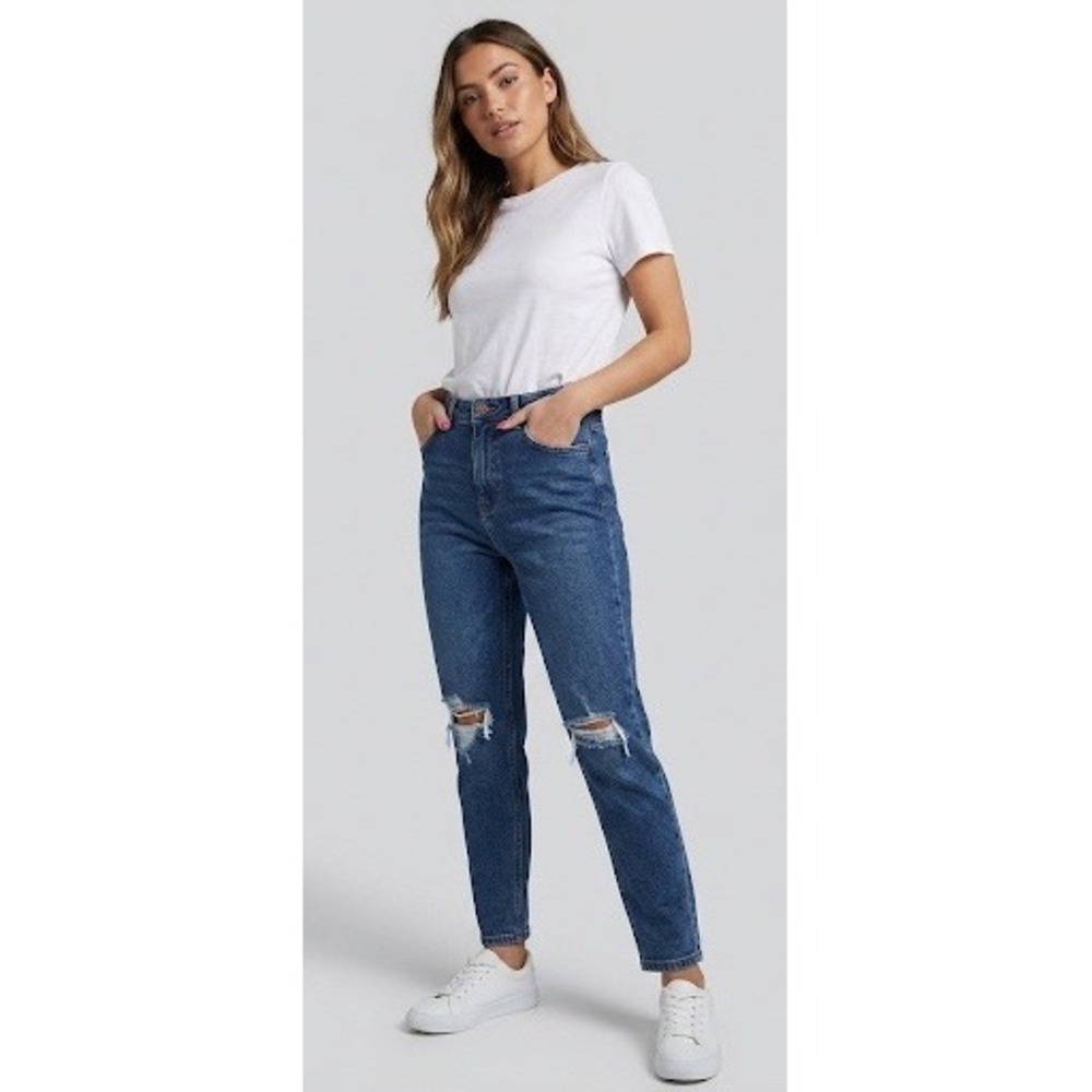 New Look Tori Mom Jeans Blue Distressed High Waisted Tapered Leg Denim Womens